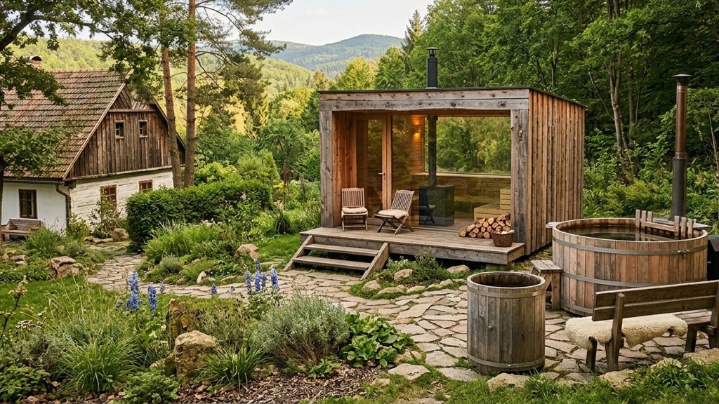 Sauna s výhledem do lesa, koupací sud místo vířivky, káď na ochlazení a hamaka na relax. Víme, jak na stylové wellness na chalupě Sauna s výhledem do lesa, koupací sud místo vířivky, káď na ochlazení a hamaka na relax. Víme, jak na stylové wellness na chalupě