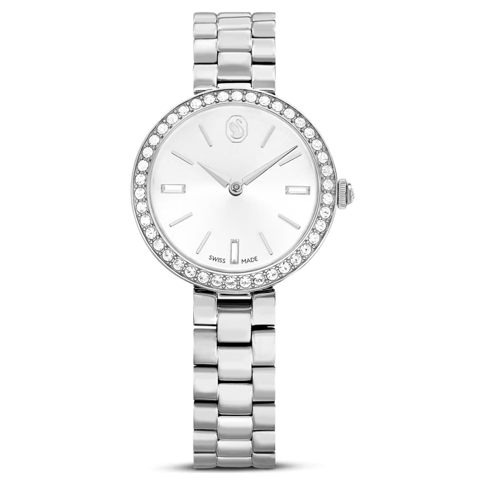 Luxusní nádech dodají outfitu i tyto hodinky značky Swarovski. Jejich cena je 7 300 Kč.