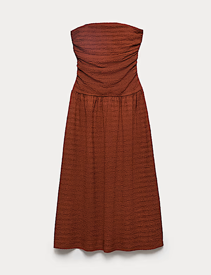 Texturované midi šaty bez ramínek se zvýrazněným pasem, Marks&Spencer, 1199 Kč