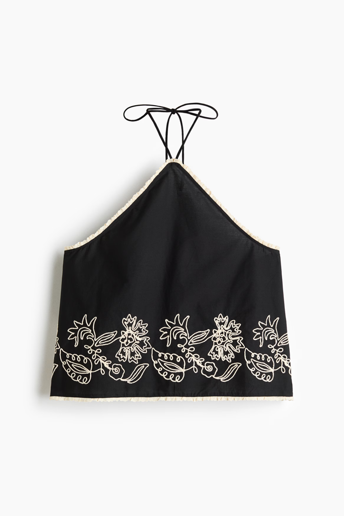 Bavlněný top halterneck s výšivkou, H&M, 619 Kč