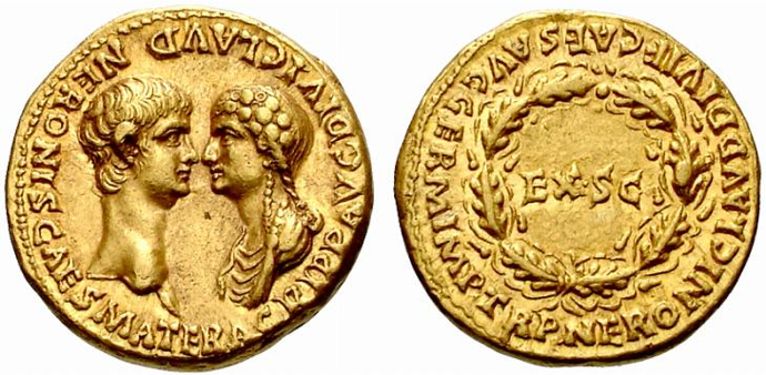 Zlatá mince (aureus) Nerona a jeho matky Agrippiny Zlatá mince (aureus) Nerona a jeho matky Agrippiny