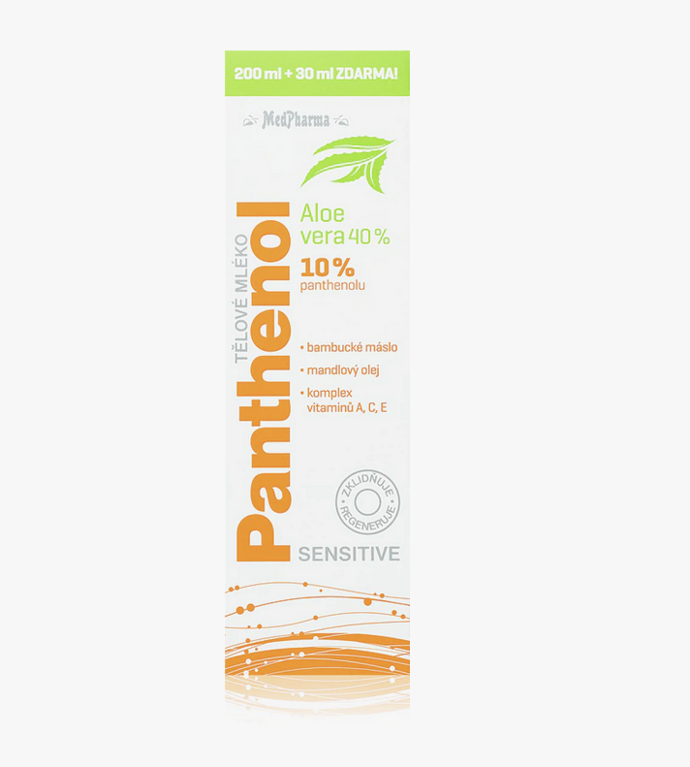 MedPharma Panthenol 10% Sensitive. Složení s vysokým obsahem panthenolu, aloe vera, přírodních olejů a vitaminů zklidňuje pokožku podrážděnou slunečním zářením, dodává jí intenzivní hydrataci a zanechává ji příjemně zklidněnou. 131 Kč