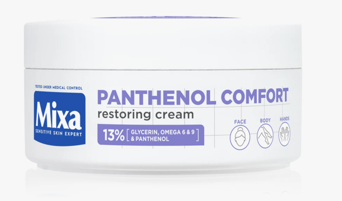 Regenerační tělový krém Mixa Panthenol Comfort je vyvinutý speciálně pro suchou, citlivou a atopickou pokožku. Díky obsahu panthenolu pomáhá zklidnit podráždění, redukovat začervenání a dodává pokožce dlouhodobou hydrataci. 160 Kč