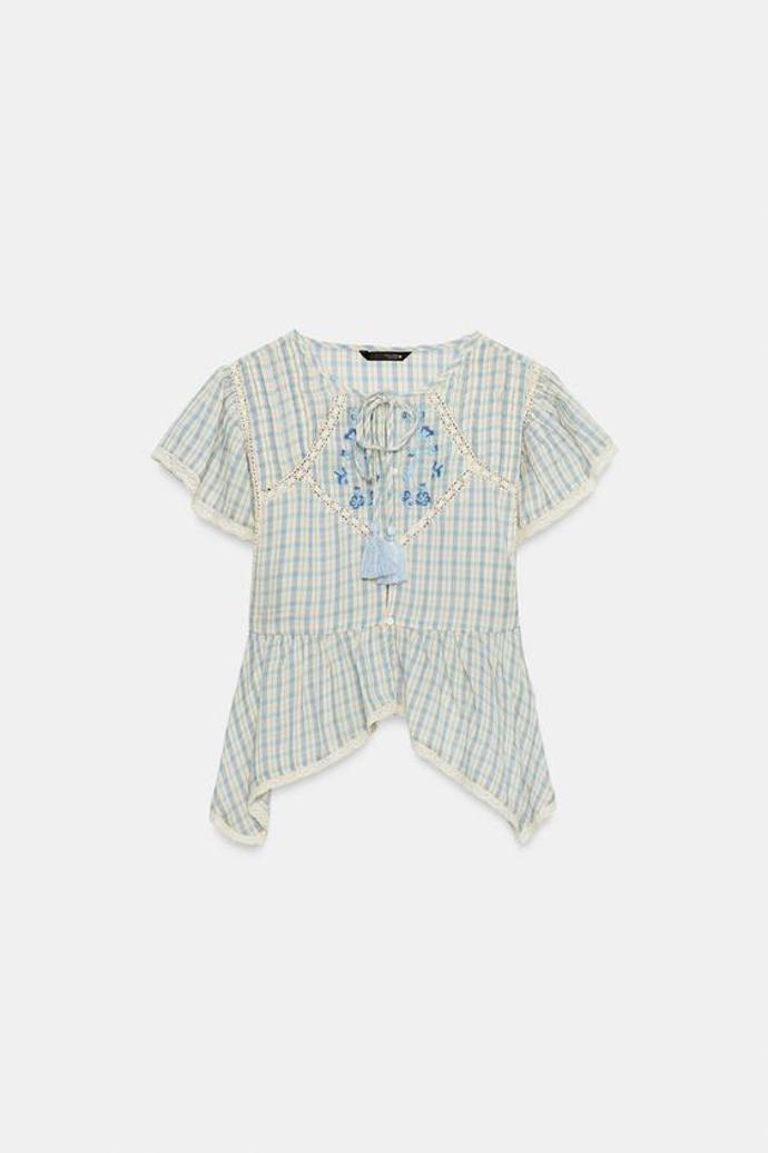 Kostkovaný top s vyšívanými krajkovými lemy, Zara, 849 Kč