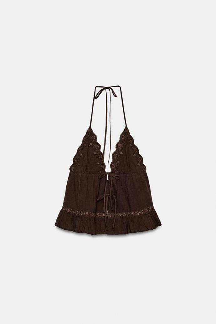 Top halter s výšivkou, Zara, 549 Kč
