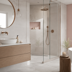Růžová koupelna může působit elegantně, když ji doplní kámen, dřevo a mosaz Růžová koupelna může působit elegantně, když ji doplní kámen, dřevo a mosaz