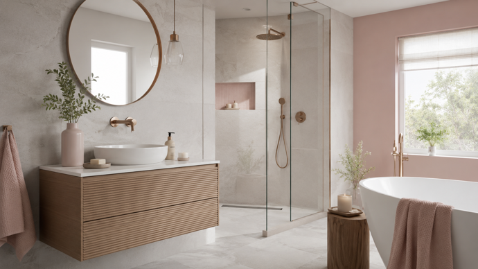 Růžová koupelna může působit elegantně, když ji doplní kámen, dřevo a mosaz Růžová koupelna může působit elegantně, když ji doplní kámen, dřevo a mosaz