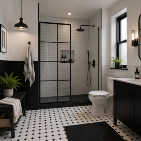 Černobílá koupelna s industriálními prvky sází na kontrast. Černé rámy, bílé obklady a grafická podlaha působí výrazně, ale pořád nadčasově Černobílá koupelna s industriálními prvky sází na kontrast. Černé rámy, bílé obklady a grafická podlaha působí výrazně, ale pořád nadčasově