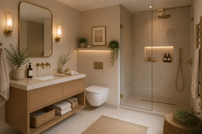 Teplá béžová je ideální pro ty, kdo chtějí klidnou koupelnu bez sterilního dojmu. Sprchový kout, dřevo a tlumené osvětlení vytvářejí spa atmosféru Teplá béžová je ideální pro ty, kdo chtějí klidnou koupelnu bez sterilního dojmu. Sprchový kout, dřevo a tlumené osvětlení vytvářejí spa atmosféru
