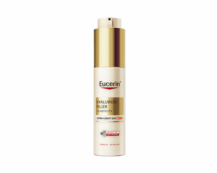 Ultralehký denní krém s SPF 50 pro pružnost pleti a redukci pigmentových skvrn Hyaluron-Filler + Elasticity, Eucerin, 1 154 Kč (50 ml)