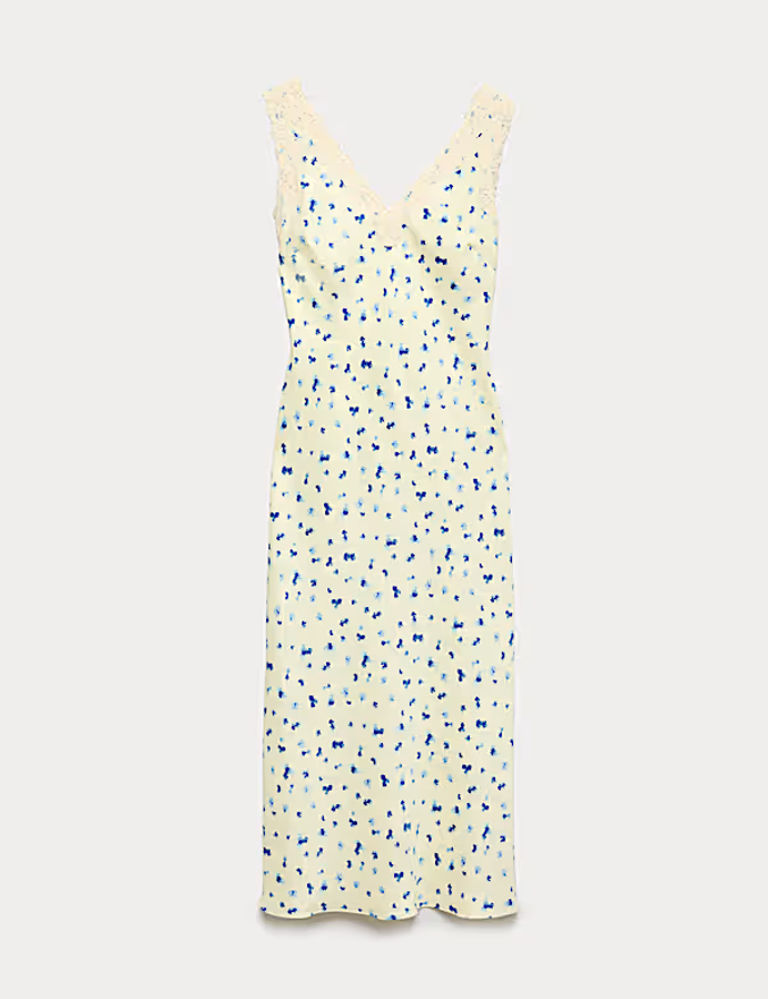 Saténové květované přiléhavé midi šaty s krajkou, Marks&Spencer, 1999 Kč