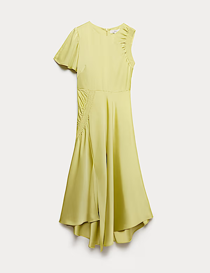 Asymetrické saténové midi šaty se zvýrazněným pasem a kulatým výstřihem, Marks&Spencer, 1799 Kč