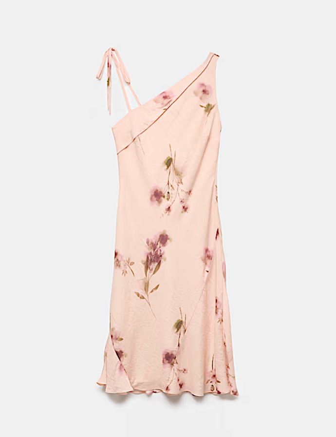 Asymetrické šaty s květinovým potiskem, volánem a ramínky, Marks&Spencer, 1899 Kč