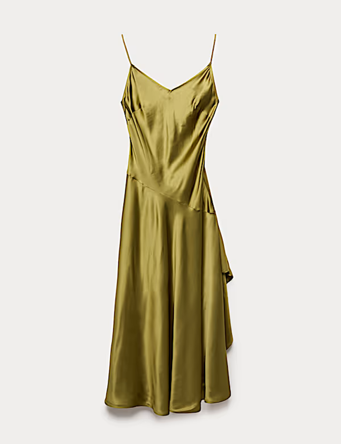 Natahovací saténové maxi šaty s volány, Marks&Spencer, 3999 Kč