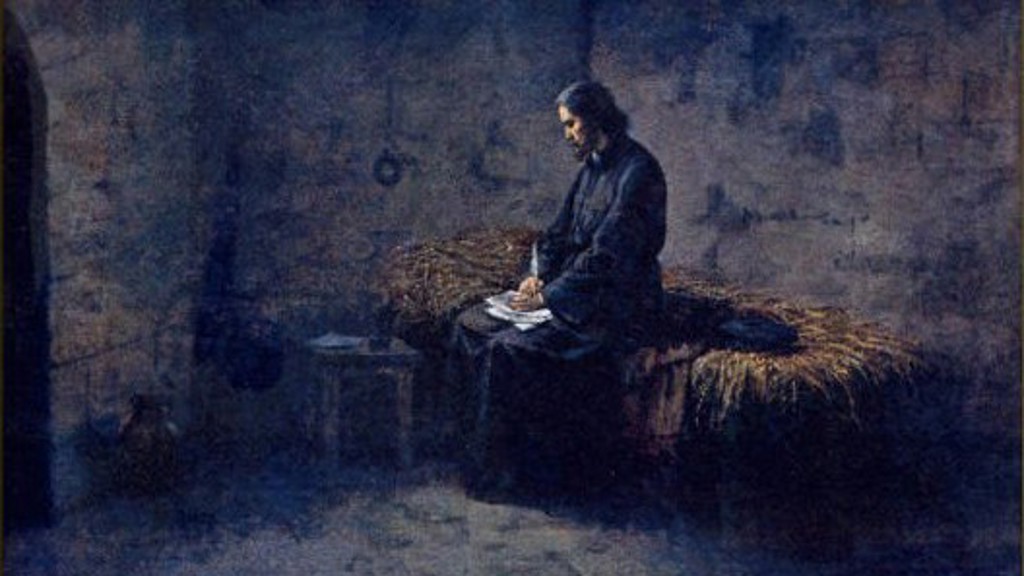 Jan Hus píše ve vězení dopisy svým přátelům, obraz Josefa Mathausera. Jan Hus píše ve vězení dopisy svým přátelům, obraz Josefa Mathausera.