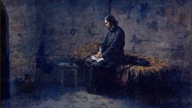 Jan Hus píše ve vězení dopisy svým přátelům, obraz Josefa Mathausera.