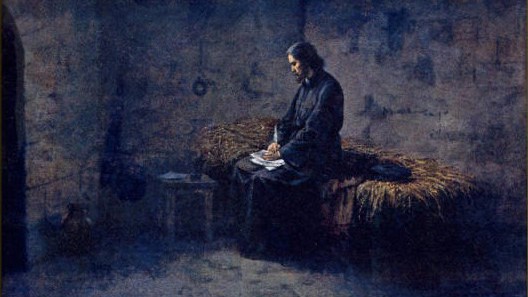 Jan Hus píše ve vězení dopisy svým přátelům, obraz Josefa Mathausera.