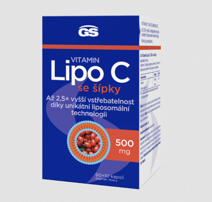 GS Vitamin Lipo C se šípky je revoluční forma vitaminu C s až 2,5× vyšší vstřebatelností a maximálním účinkem. Díky unikátní liposomální technologii je vitamin C se šípky chráněn před degradací v trávicím traktu a dopravován cíleně přímo do buněk. Díky tomu přispívá k normální funkci imunitního systému, ochraně buněk před oxidačním stresem a ke snížení míry únavy a vyčerpání. 437 Kč