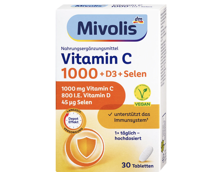 Mivolis Vitamin C 1000 + D3 + selen obsahuje kombinaci vitaminu C, D3 a selenu. ¹Vitamin C, vitamin D a selen přispívají k normální funkci imunitního systému. 75 Kč