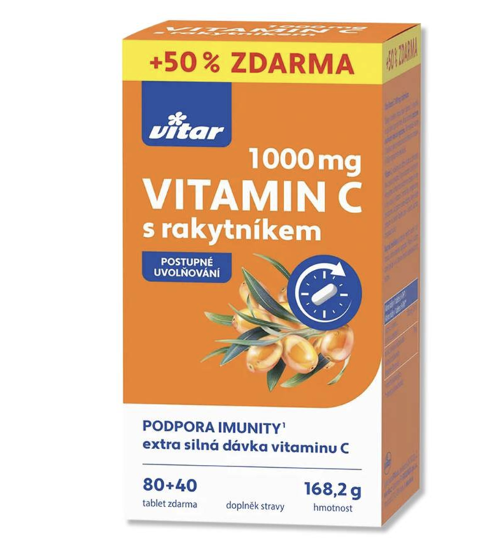 Tablety s obsahem extra vysoké dávky vitaminu C a rakytníku ve speciálně upravené formě, která umožňuje postupné uvolňování látek do organizmu. Tělo nedokáže vitamin C skladovat, a proto je postupné uvolňování pro vstřebávání lidským organizmem efektivnější. 265 Kč