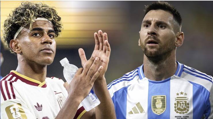 Lamine Yamal a Lionel Messi se utkají o pohár.
