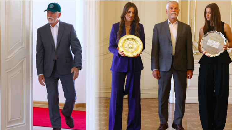 Prezident Pavel v kšiltovce hostil hrdinky z Wimbledonu: Vedle Noskové s Muchovou si musel stoupnout na špičky