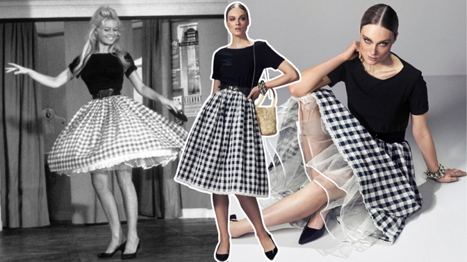 Ušijte si filmový outfit Brigitte Bardot: Hravá kostkovaná sukně a top se svůdným výstřihem jsou hitem letošního léta
