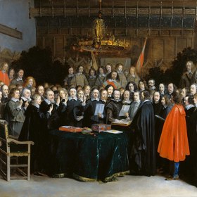 Vestfálský mír ukončil třicetiletou válku a přinesl nové uspořádání evropských států. Dohody uzavřené v roce 1648 jsou považovány za důležitý mezník mezinárodního práva. Vestfálský mír ukončil třicetiletou válku a přinesl nové uspořádání evropských států. Dohody uzavřené v roce 1648 jsou považovány za důležitý mezník mezinárodního práva.