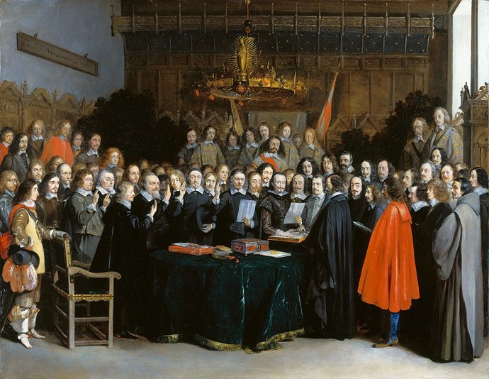 Vestfálský mír ukončil třicetiletou válku a přinesl nové uspořádání evropských států. Dohody uzavřené v roce 1648 jsou považovány za důležitý mezník mezinárodního práva. Vestfálský mír ukončil třicetiletou válku a přinesl nové uspořádání evropských států. Dohody uzavřené v roce 1648 jsou považovány za důležitý mezník mezinárodního práva.