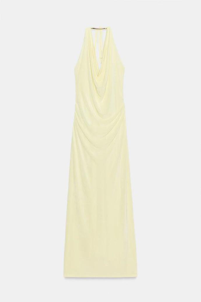 Dlouhé šaty halter s kovovou aplikací, Zara, 1199 Kč