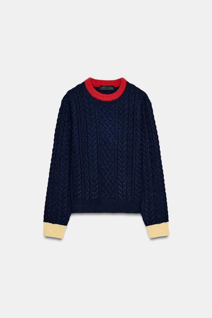 Svetr s copánky a color block detailem,  Zara, původně 849 Kč, online ve výprodeji  339 Kč