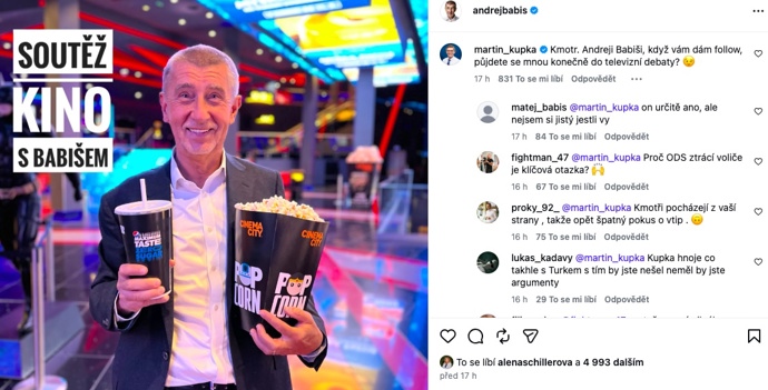 Andrej Babiš láká fanoušky na společné kino. Martin Kupka reaguje.