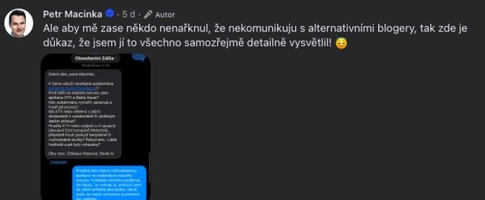 Soukromou konverzaci mezi novinářkou Zdislavou Pokornou, zveřejnil Petr Macinka na svém Facebooku. 