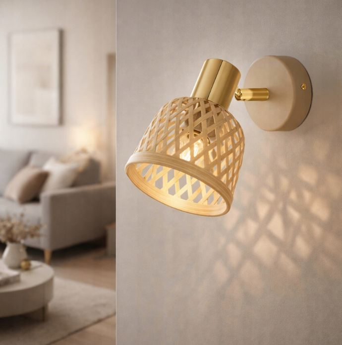 Nástěnné svítidlo Rattan Béžová Lampa Boho E14 Nastavitelná Zlatá Do Ložnice, 344 Kč, allegro.cz