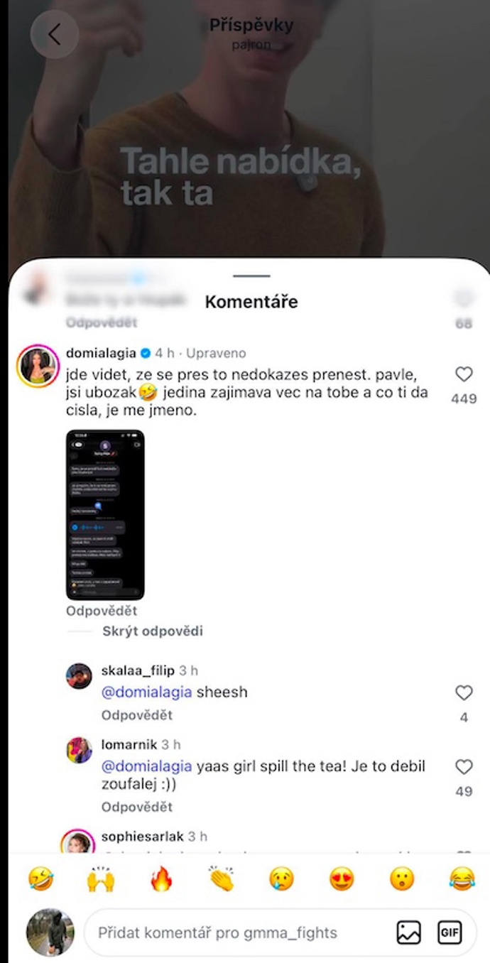Pavel Tóth se navezl do Domi Alagii, ta si to nenechala líbit a zveřejnila konverzaci s Pavlem.