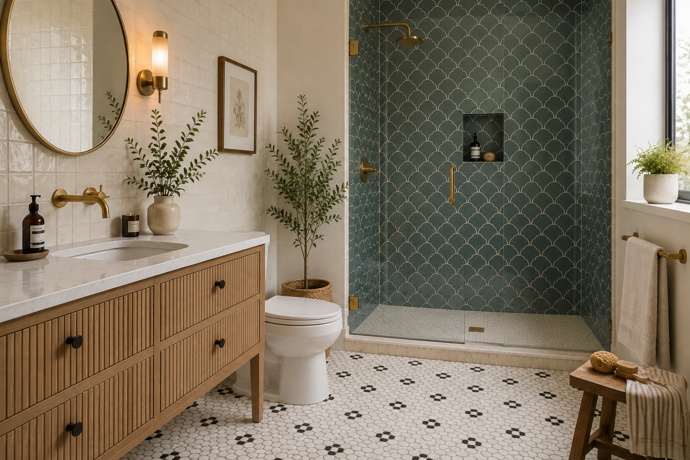 Rybí šupiny a penny tiles patří k retro formátům, které se vracejí nejvýrazněji. Tmavě zelená ve sprše jim dodává hloubku, zatímco drobná černobílá mozaika na podlaze odkazuje na starší městské koupelny Rybí šupiny a penny tiles patří k retro formátům, které se vracejí nejvýrazněji. Tmavě zelená ve sprše jim dodává hloubku, zatímco drobná černobílá mozaika na podlaze odkazuje na starší městské koupelny