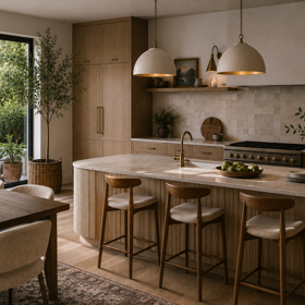 Světlé dřevo, zaoblený ostrůvek a pohodlné sezení vytvářejí lehčí podobu trendu soft kitchen