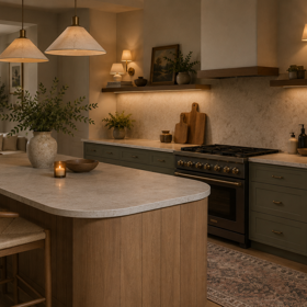 Šalvějová a tlumená zelená patří k barvám, které soft kitchen sluší nejvíc