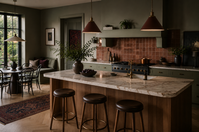 Tmavší olivová kuchyň ukazuje, že soft kitchen nemusí být jen světlá a béžová Tmavší olivová kuchyň ukazuje, že soft kitchen nemusí být jen světlá a béžová