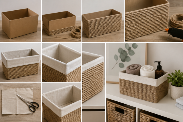 DIY: Stačí karton, provaz a kus látky. Vyrobte si úložný košík, který nestojí skoro nic
