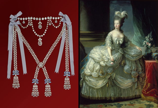 Rekonstrukce diamantového náhrdelníku, který Marie Antoinetta odmítla koupit, a portrét francouzské královny. Rekonstrukce diamantového náhrdelníku, který Marie Antoinetta odmítla koupit, a portrét francouzské královny.