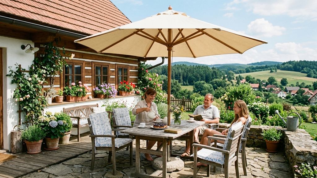 Jak si na chalupě vytvořit příjemný stín. Pomůže textil, pergola i živá zeleň