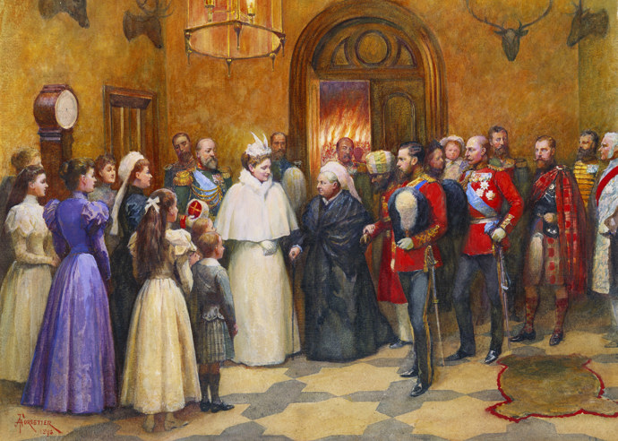 Setkání s ruským carem Mikulášem II. a se svou vnučkou carevnou Alexandrou Fjodorovnou na zámku Balmoral roku 1896