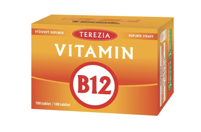 Doplněk stravy Terezia Vitamin B12 poskytuje 500 μg vitamínu B12 v jedné tabletě, 164 Kč