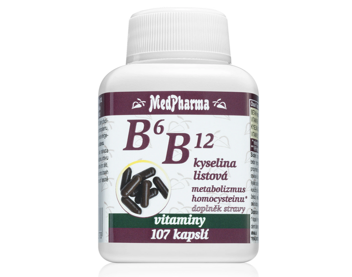 Doplněk stravy  B6, B12 + kyselina listová obsahuje vitamin B, který přispívá ke snížení míry únavy a vyčerpání, k normální činnosti nervové soustavy, ale i k udržení zdravé pokožky. 129 Kč