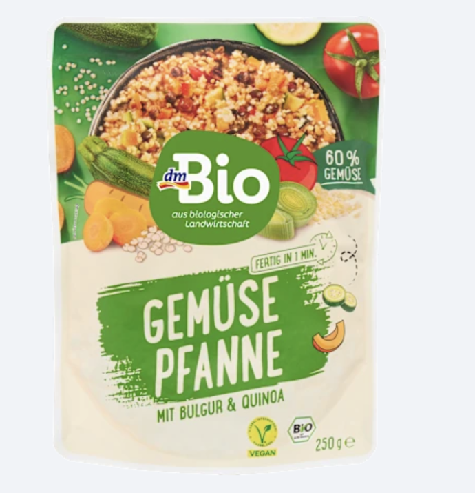 dmBio pokrm s bulgurem, quinoou a zeleninou je chutná a výživná volba pro rychlé jídlo. Je připraven z pečlivě vybraných ekologických surovin, jako jsou bulgur, quinoa a různá zelenina včetně mrkve, cukety a sladkých brambor. 65,50 Kč