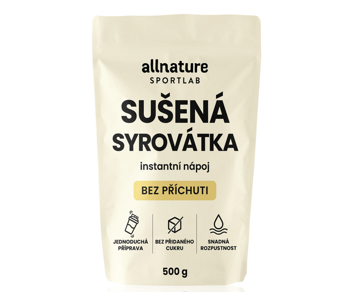 Sušená syrovátka Allnature vzniká jako vedlejší produkt při výrobě tvarohu či sýra. Tento prášek je bohatý na minerály, vitaminy a esenciální aminokyseliny, 46 Kč