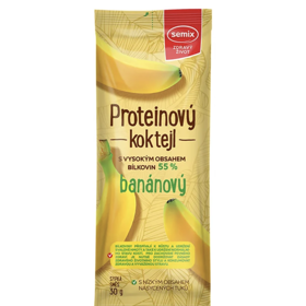 Sáček se sypkou směsí obsahuje 17 g bílkovin = kvalitního syrovátkového proteinového koncentrátu. Má nízký obsah nasycených mastných kyselin. Koktejl obsahuje 5 % sušeného banánu. 24 Kč