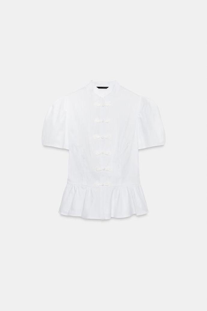 Košile s krátkým rukávem, poutky a volánem peplum, Zara, 699 Kč