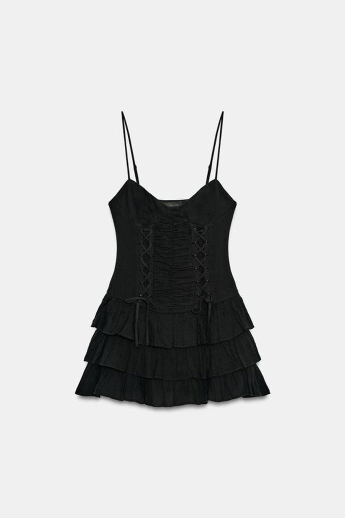 Mini šaty s volány s překříženými šňůrkami, Zara, 999 Kč